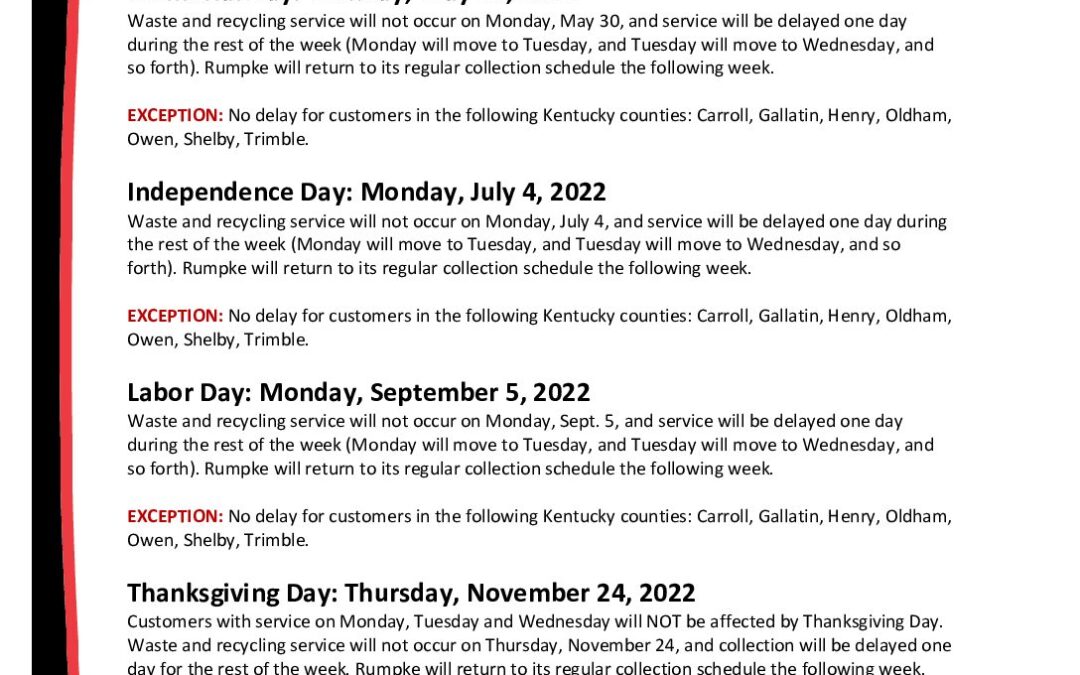 2022 Rumpke HolidaySchedule City of St Matthews