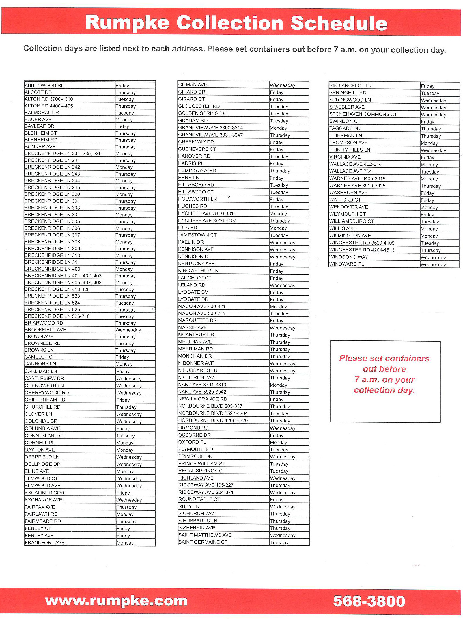 Rumpke Collection Schedule by Street - City of St Matthews Rumpke Collection Schedule by Street - City of St Matthews